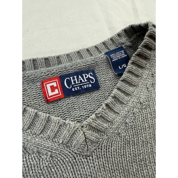 Chaps V-Neck Sweater Mens Size Large Gray Chunky Knit Pullover Long Sleeve - Picture 2 of 5